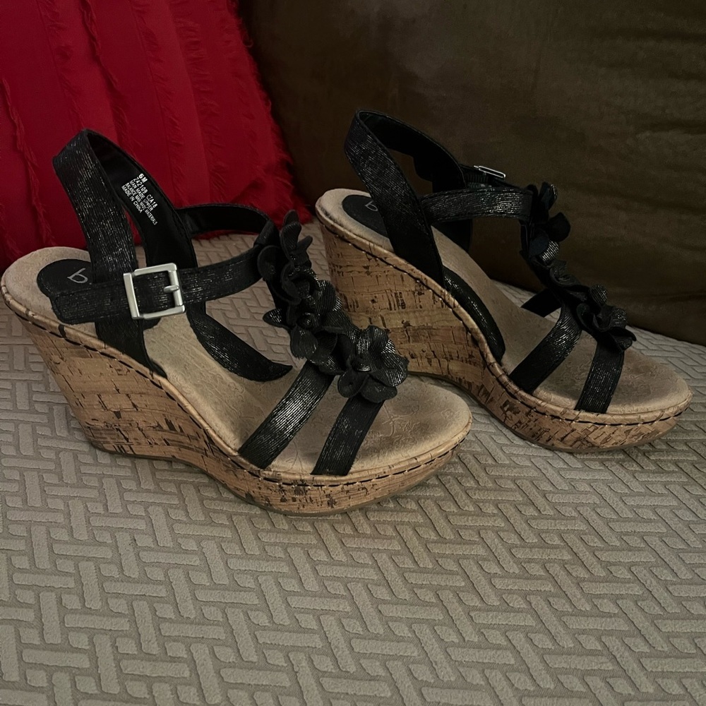 BOC Black Wedge Sandals with Floral Detail